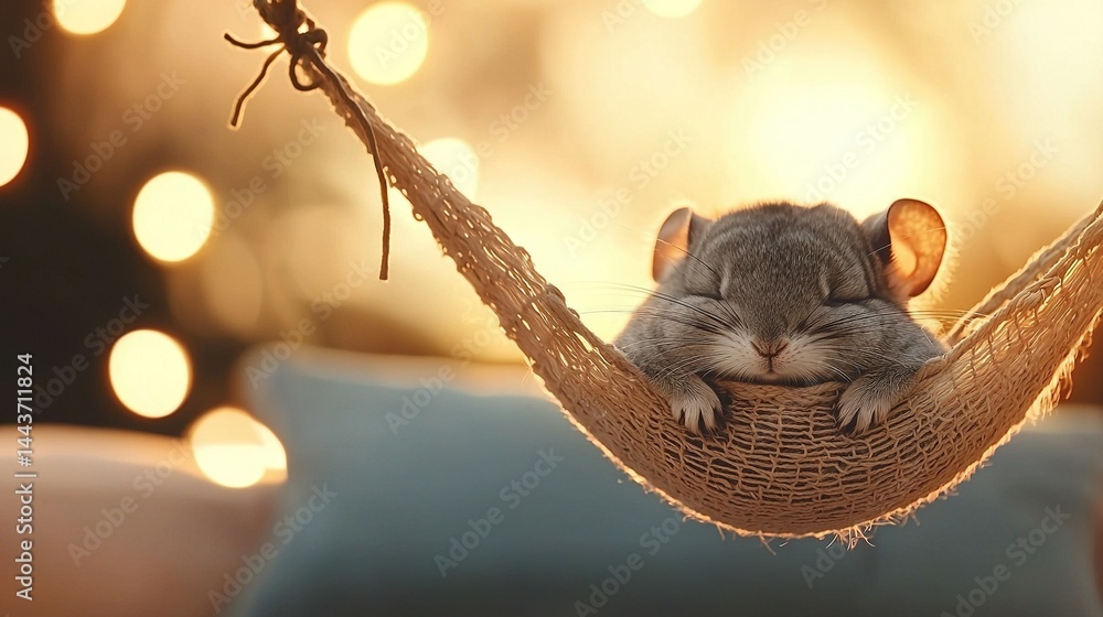 Poster a gray mouse sleeps in a hammock with string lights behind it, and a string of strings on the hammoc