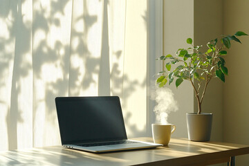 Fototapeta premium Minimalist Office Desk with Laptop and Coffee