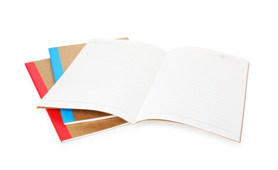 Different copybooks isolated on white. School stationery