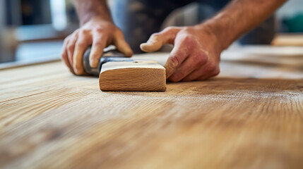 Carpenter Sanding a Wooden Surface