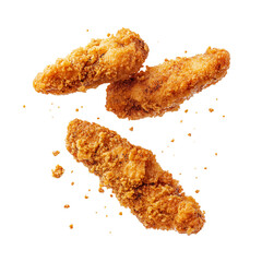 Fried chicken tenders flying isolated on white background. Crispy and delicious chicken strips with bread crumbs floating in air, isolated on white background. Fried chicken fingers