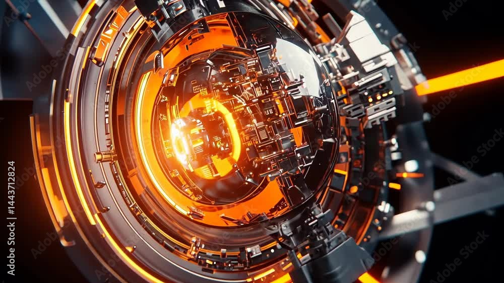 Poster intricate digital art showcases vibrant energy core surrounded by sleek machinery in a futuristic se