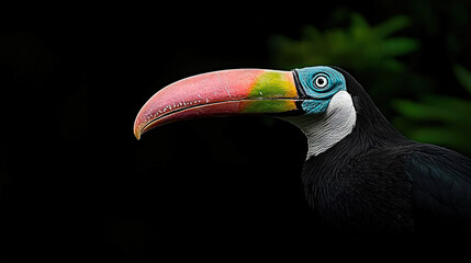 Fototapeta premium Close-up of a vibrant toucan perched against a dark backdrop with lush green foliage in the background