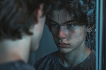 A teenager struggling with body image and self-esteem issues, gazing into mirror while battling an eating disorder