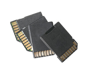 Many SD memory cards isolated on white, top view