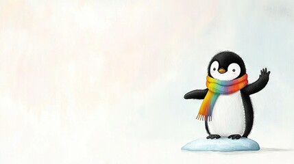   A penguin with a rainbow scarf perched atop an ice float, arms raised high