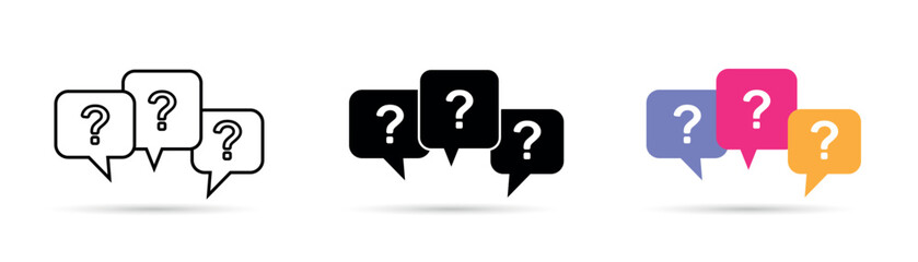 Message box with question mark in linear, silhouette, and color styles. Vector icon set on white isolated background.