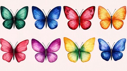   A set of six diverse butterflies in vivid hues against a white backdrop, with distinct patterns on their wings