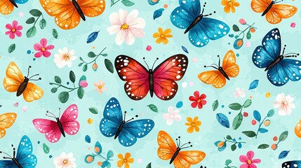   A blue background adorned with a butterfly-and-flower motif in shades of pink, orange, blue, and white