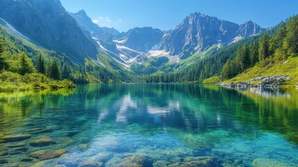 A tranquil mountain lake with crystal-clear water and surrounding peaks, the scene bathed in golden hour light