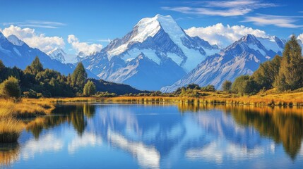 A tranquil lake surrounded by snow-capped mountains, the water reflecting the peaks