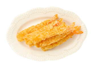 Many tasty tempura shrimps isolated on white, top view