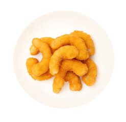 Many tasty tempura shrimps isolated on white, top view