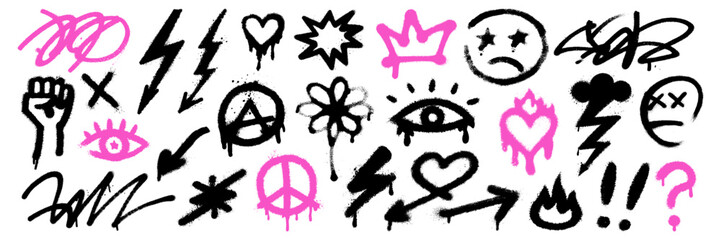 Spray paint style doodle set featuring punk symbols like lightning, anarchy, sad faces, and hearts in black and pink colors. © Teodora ART