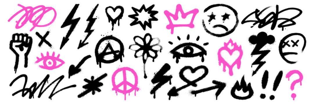 Spray paint style doodle set featuring punk symbols like lightning, anarchy, sad faces, and hearts in black and pink colors.