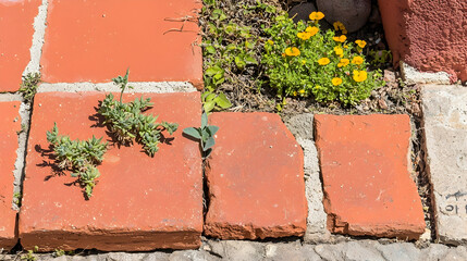 Weedy Brick Path, Sunny Day, Garden, Plants Growing Through Cracks, Landscape Design