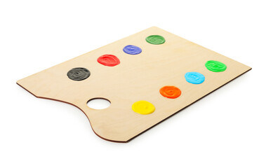 Wooden palette with paints isolated on white