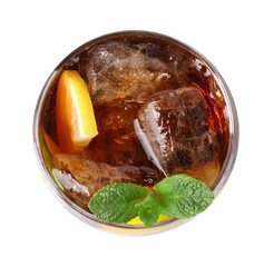 Refreshing Cuba libre cocktail with mint isolated on white, top view