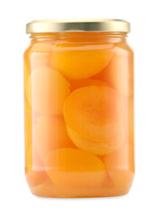 Tasty canned apricots in jar isolated on white