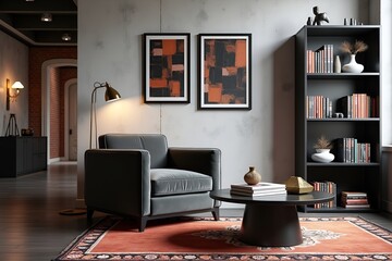 Modern Industrial Loft Living Room with Artistic Decor and Moody Lighting
