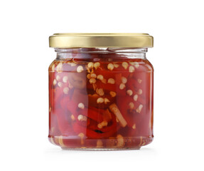 Tasty pickled peppers in jar isolated on white