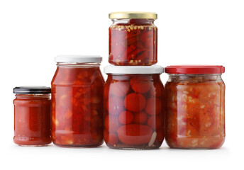 Many jars with different pickled products isolated on white