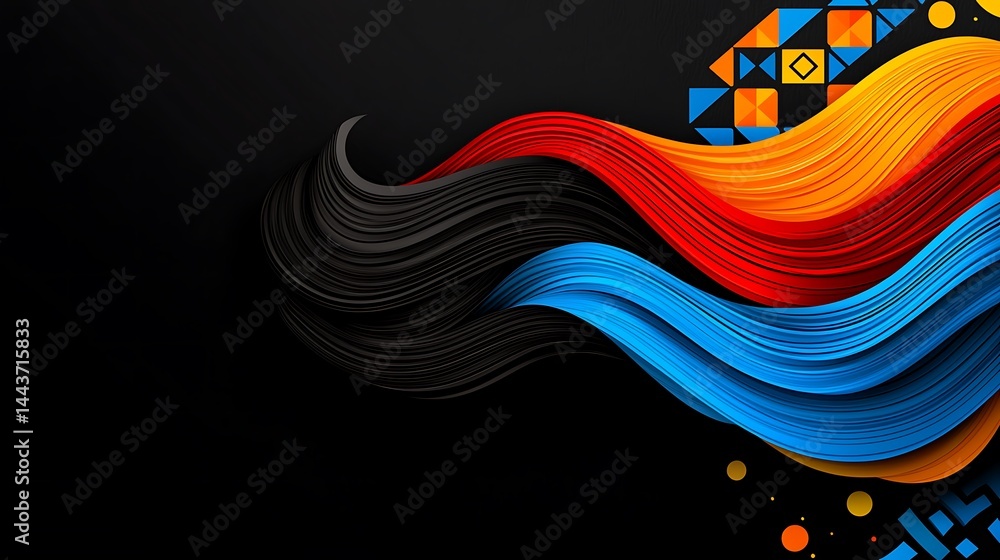 Poster vibrant abstract waves of color flowing against a dark background with geometric patterns