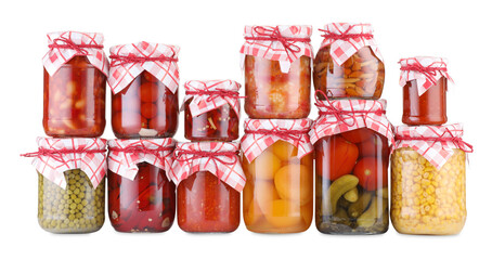 Many jars with different pickled products isolated on white
