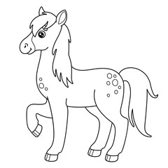 Outline horse. Contour cartoon farm animal. Cute black and white picture. Vector illustration isolated on white background. Perfect for kids coloring book.