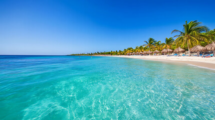 Fototapeta premium Sunny tropical Caribbean beach with palm trees and turquoise water, caribbean island vacation, hot summer day