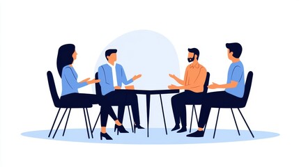 A vector image shows four people sitting at a table. They are likely discussing ideas in a meeting or brainstorming session.