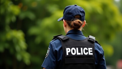 Police officers on duty in candid street scene