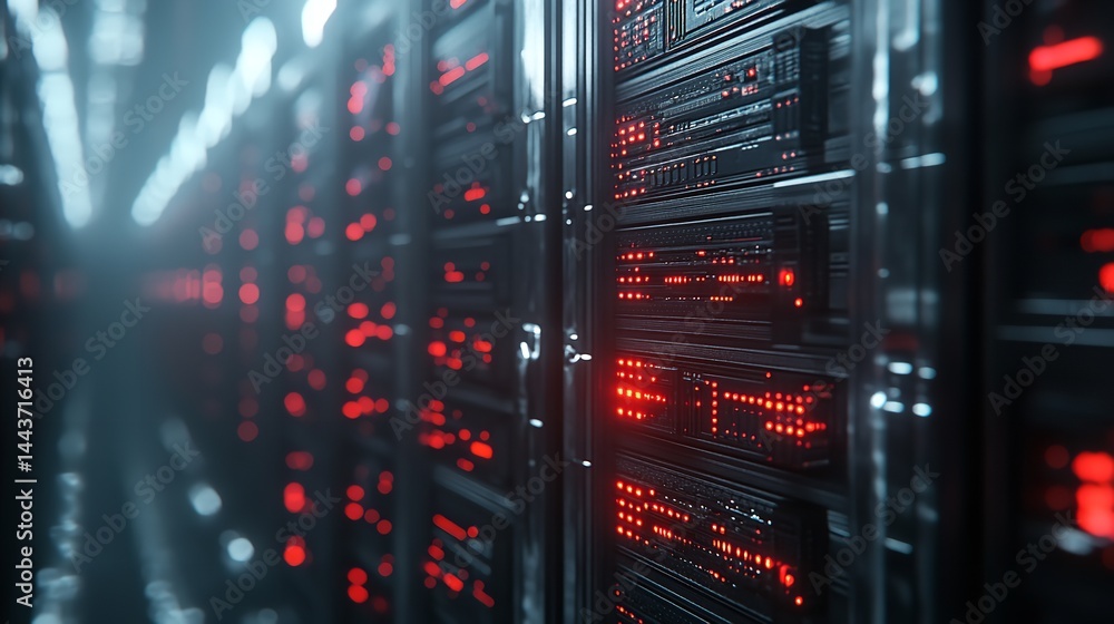 Poster modern data center server room technology powerful network infrastructure digital red lights web