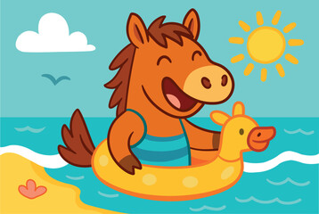 Funny horse on the beach.
vector image of a cartoon horse in a swimming circle at sea. summer holidays. An illustration of a vacation on the beach. Drawing of the symbol of the year on vacation.