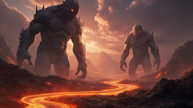 Two large monsters are standing in front of a lava flow