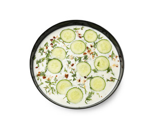 Fresh tasty cucumber soup isolated on white, top view