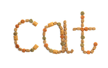 Word Cat made of dry pet food isolated on white, top view