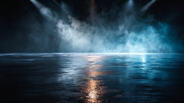 A dramatic scene featuring a wet floor reflecting spotlights and a smoky atmosphere in a dark setting