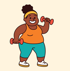 Full of fun African-American
 A woman with dumbbells does sports.
A cheerful woman in sports clothes trains with dumbbells on a light background.