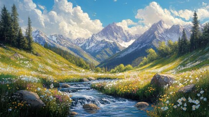 A serene mountain valley with a crystal-clear lake, surrounded by wildflowers 