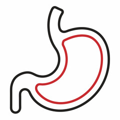 Minimalistic vector illustration of a human stomach in outline style, featuring black and red contour lines on a white background. Medical and anatomical icon.

