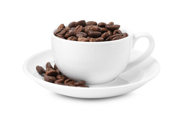 Aromatic coffee beans in cup isolated on white