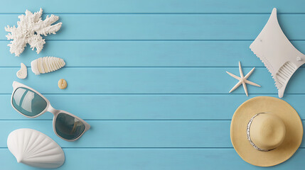 Beach Accessories On Blue Plank - Summer Holiday Banner