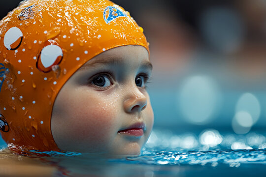 Child with orange swimming cap in water, looking straight ahead, with water droplets on cap and soft background blur.