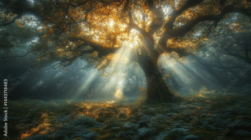 Poster a misty forest with rays of sunlight breaking through the trees, creating a magical atmosphere
