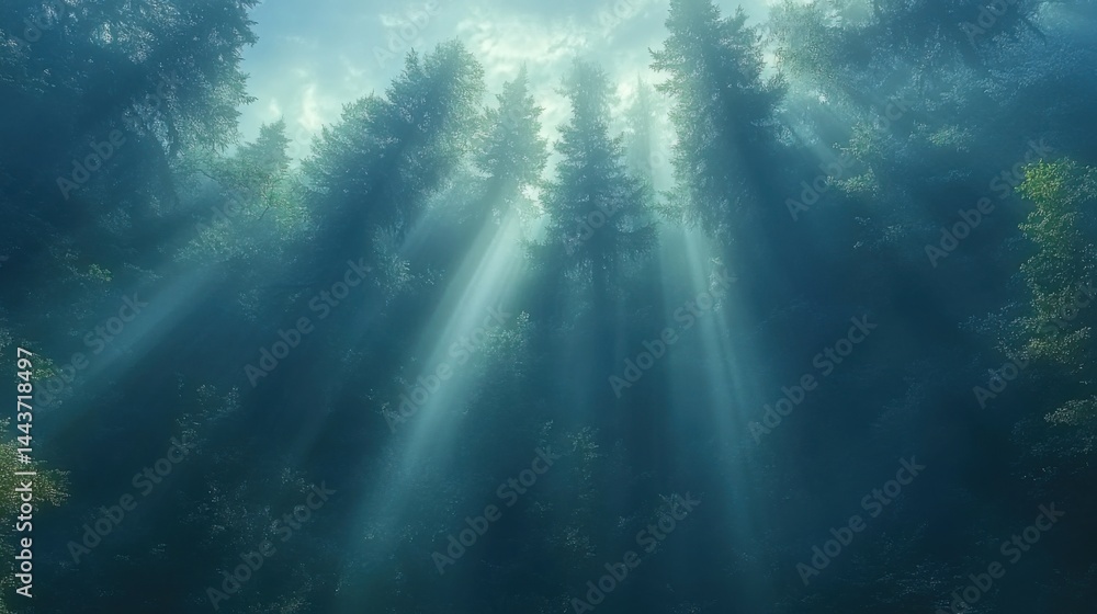 Poster a misty forest with rays of sunlight breaking through the trees, creating a magical atmosphere