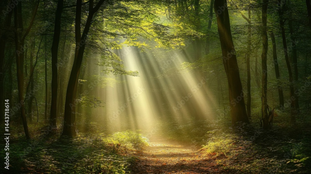 Poster a misty forest with rays of sunlight breaking through the trees, creating a magical atmosphere