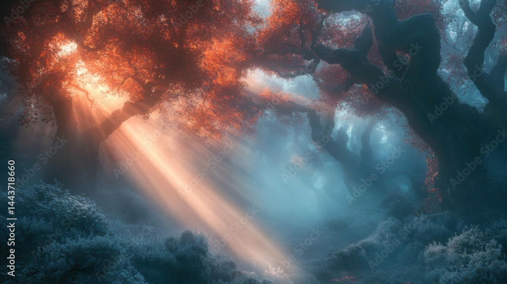 Poster a misty forest with rays of sunlight breaking through the trees, creating a magical atmosphere