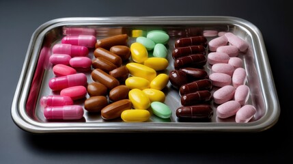 Assorted colorful pills and capsules on a metal tray for medication or supplement display
