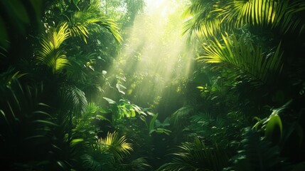 A dense jungle with exotic wildlife, sunlight filtering through the dense foliage